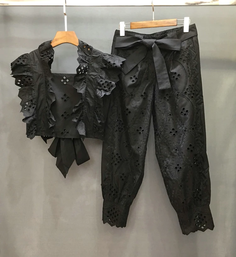 Лето 2019 короткий рукав-лепесток на шнуровке Открытый Топ длинные штаны белый