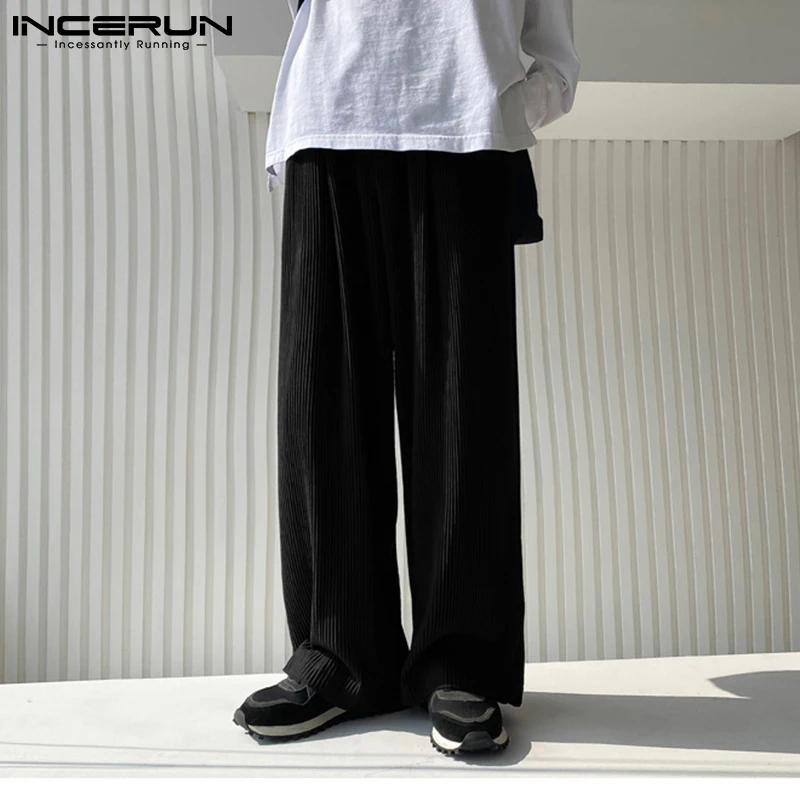 

INCERUN Korean Style New Men Fashion Casual Pantalons Male Solid Color Handsome Well Fitting Comeforable Wide-leg Trousers S-5XL