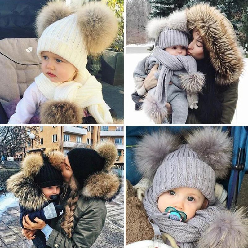 

2021 Fashion Kids Knitted Hat Winter Warm Scarf Newborn Girls Boys Furry Balls Pompom Solid Warm Cute Lovely Beanie Cap Gifts