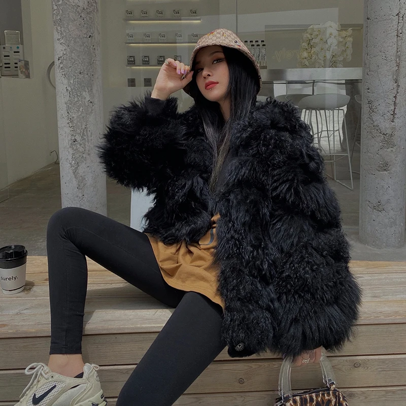 2020 New Fashion Design Real Leather Sheep Curl Fur Jacket Women Coat Winter Women's Curly Yarn Leather Fur Coat Streetwear