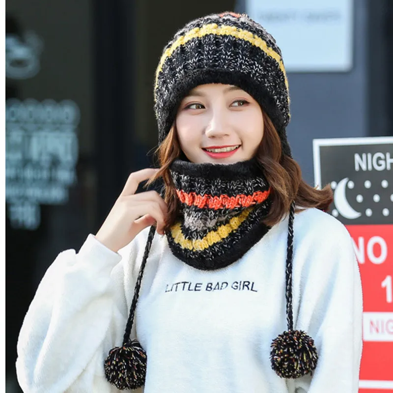 

2pcs Women Knitted Wool Scarf and Beanie Hat Hair Ball Cap Set Warm Winter Scarves LL@17