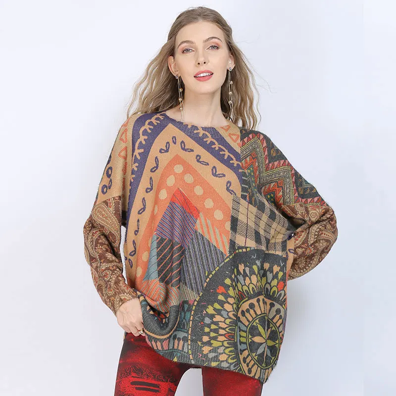 

2021 New Spring Women Vintage European Knitted Sweater Casual O-Neck Pullover Pattern Printing Streetwear Mujer Tops
