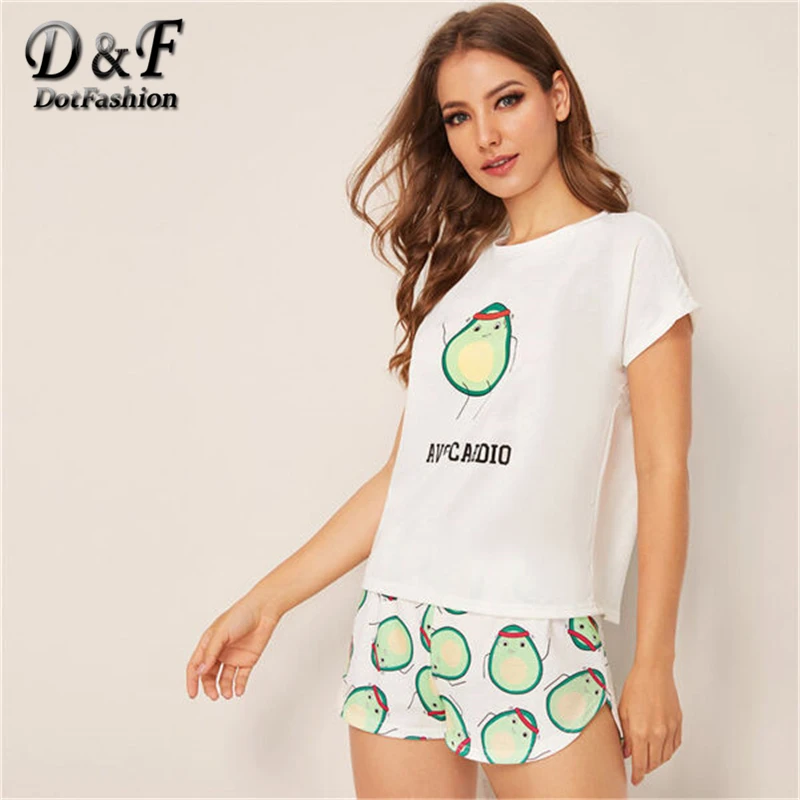 Dotfashion/комплект из футболки и шорт с принтом авокадо из мультфильма, женская пижама, повседневный пижамный комплект с коротким рукавом, Женская эластичная одежда для сна