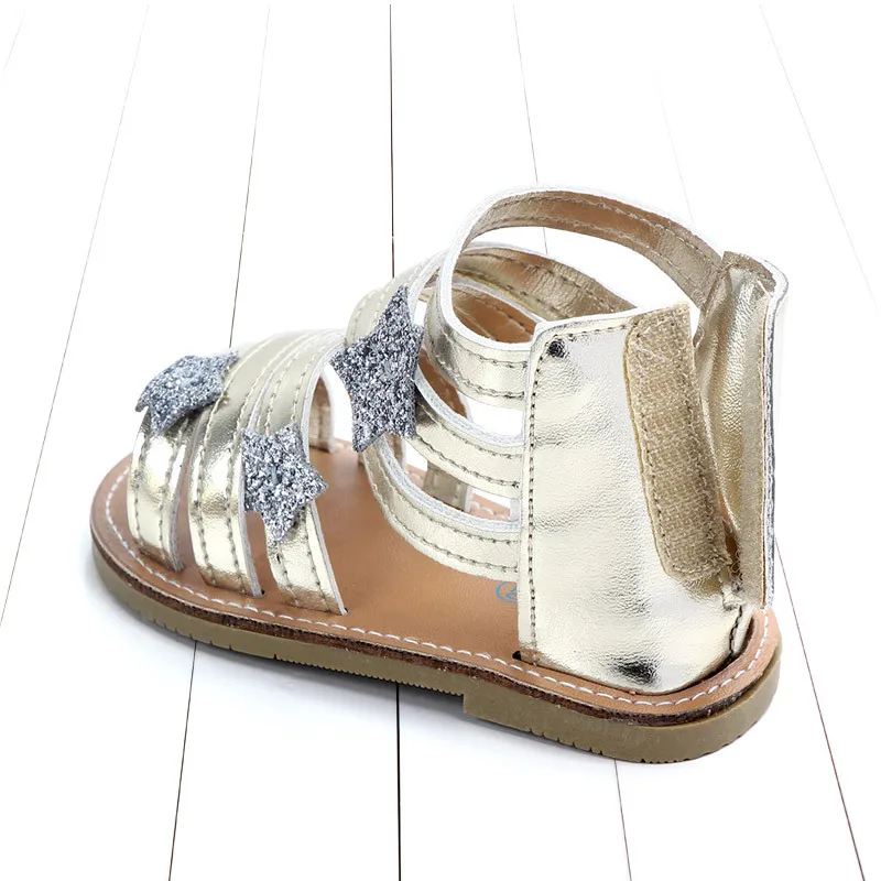 

Top Quality Baby Girls Sandals Handmade Star Hard sole Baby Shoes Newborn Baby Shoes Non-slip Roman Sandals Silver Beach shoes