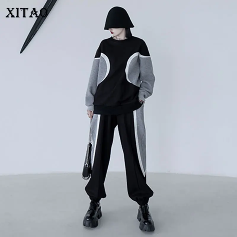 

XITAO Patchwork Pant Sets Matching Sets 2021 Autumn New Arrival Personality Fashion Loose O-neck Pullover Harem Pants GWJ0781