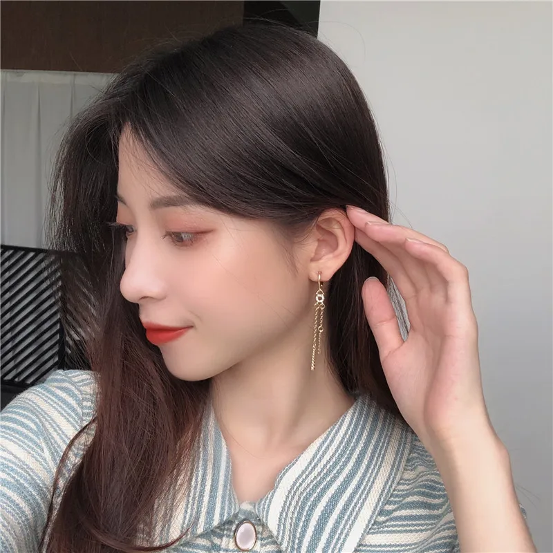 

South Korea contracted temperament circle ear clip ear ring ultra female fairy maiden long chain tassel stud earrings