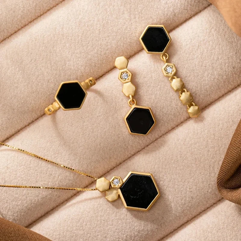 

Designer original geometric honeycomb inlaid black agate jewelry set Chinese retro light luxury charm women's anniversary gift