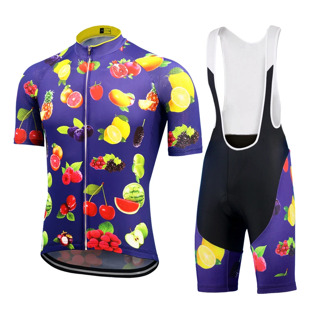 

New Men's Blue Short-Sleeved Cycling Jersey Set Mountain Bike Fruit Style Sportswear 9D Gel Breathable Cushion Triathlon