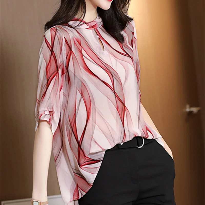 chiffon shirt women's streamline printed blouse 2021 summer new temperament stand collar short sleeve shirt tide
