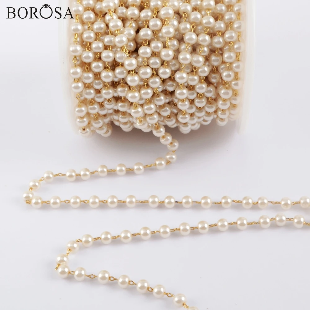 BOROSA 4mm Pearl Necklace Bead Chains in Gold Chain for Jewelry Making Chain Necklace Women Stone Beads Chains Accessories JT267