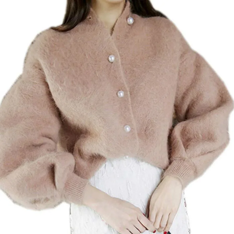 

Women Chic Pearls Beads Fluffy Mohair Sweater Lantern Sleeved Knitted Cardigan Buckles Sweater Velvet Jacket Oversized Sweater