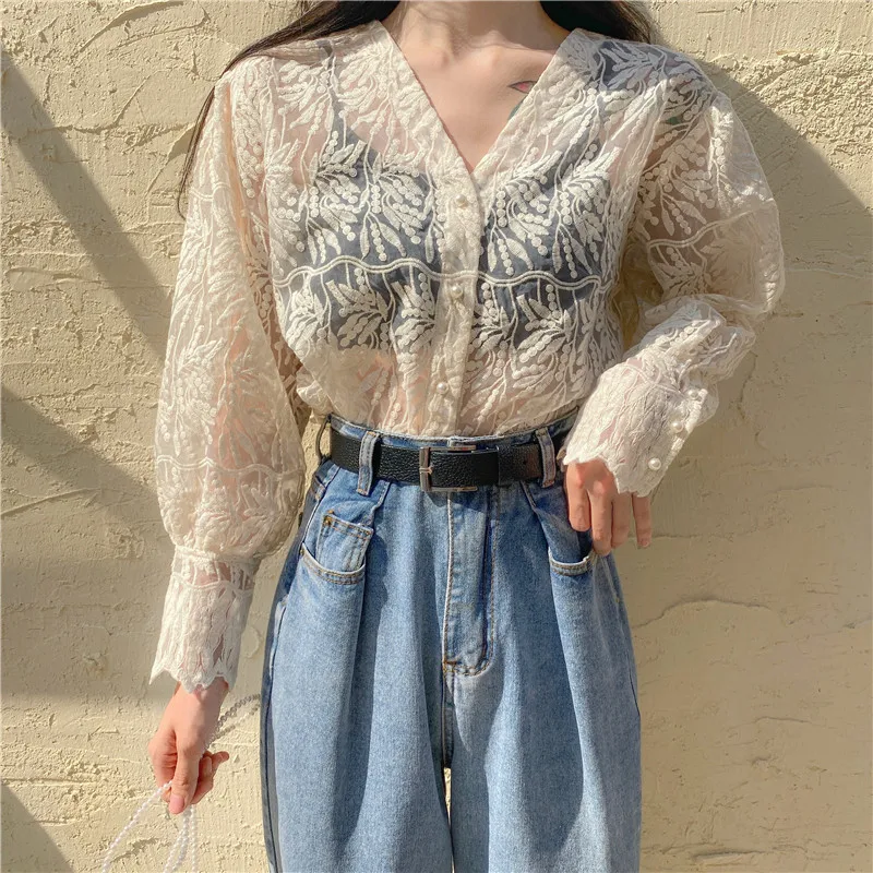 Кружевная блузка осенний стиль Базовая рубашка 2020 новый корейский Свободный
