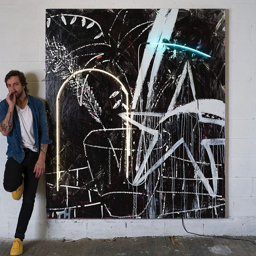 

Мультипликационная абстрактная картина маслом с изображением белой звезды и граффити на черном полу, Современная Настенная картина для го...