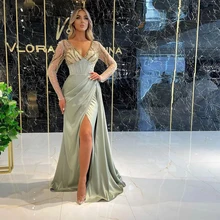 Cap Sleeve High Slit Evening Dresses Beading Strapless Pleat High Quality Satin Fulle Sleeve Formal Party 2022 Vestido De Noiva (4)