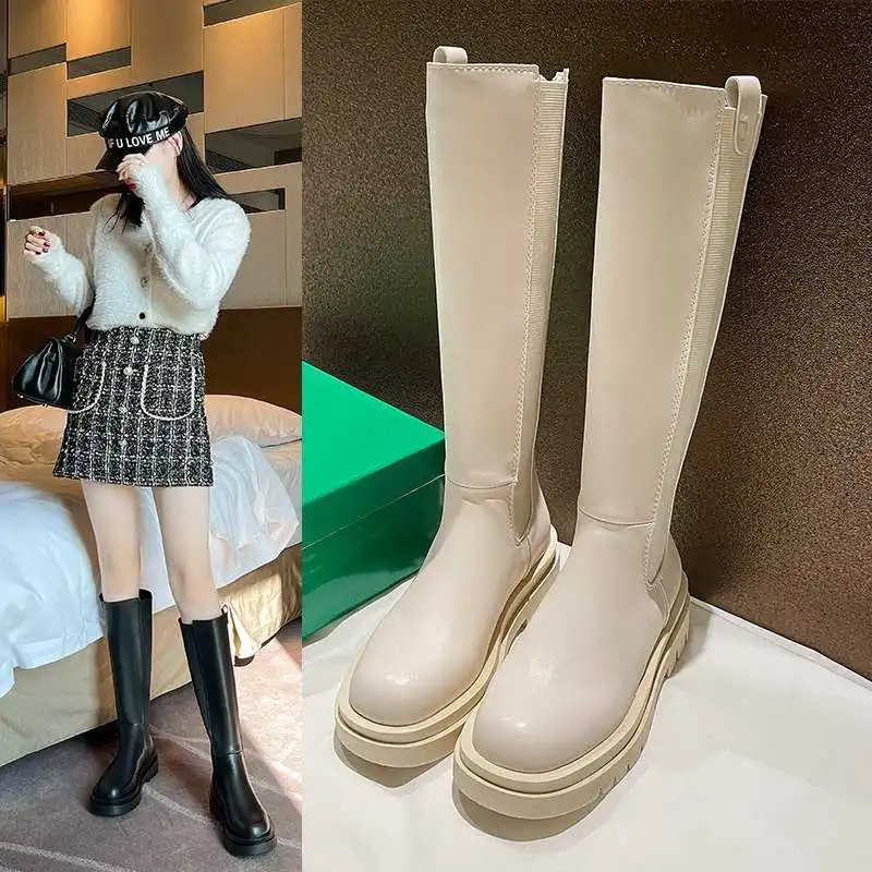 

Knee length boots women's autumn winter 2020 new high tube women's boots thick bottom Plush warm show thin Knight boots chimney