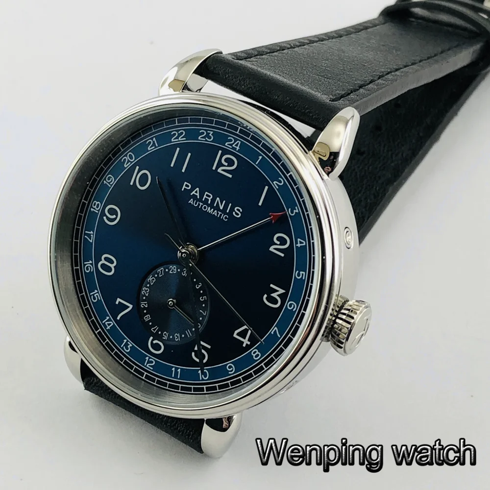 Мужские автоматические механические часы Parnis серебристый чехол 42 мм с синим