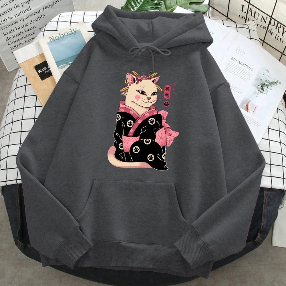 

Ukiyoe Japanese Geisha Cat Print Hoodie Man Loose Cartoons Fleece Hoodie O Neck Cartoon Clothing Top Hip Hop Vintage Men Hoody