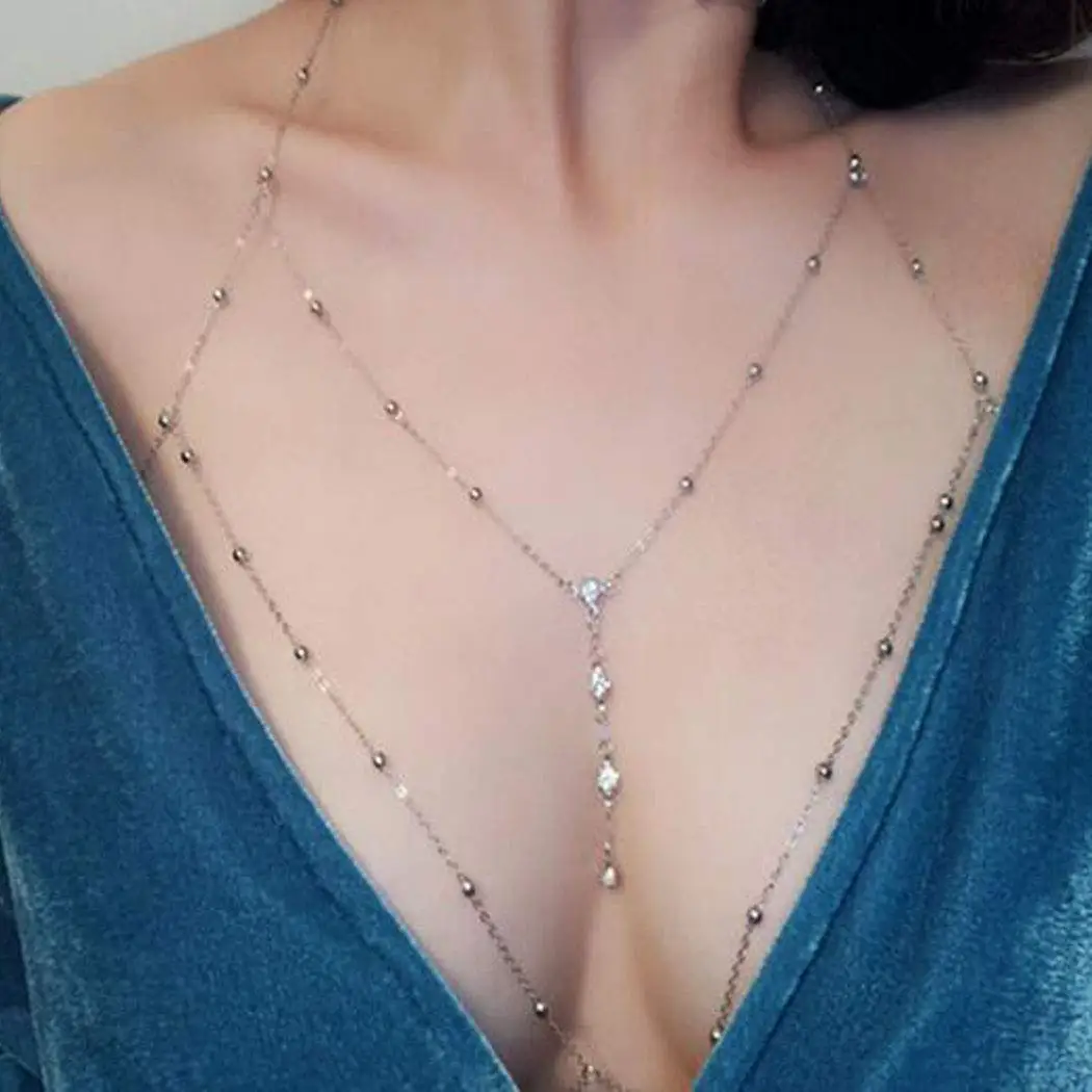 

Rhinestones Tassel Sexy Beach Wedding Accessories Women Bra Cross Bikini Within Hollow Out Body Chain Fine Chest Chain Girl Gift