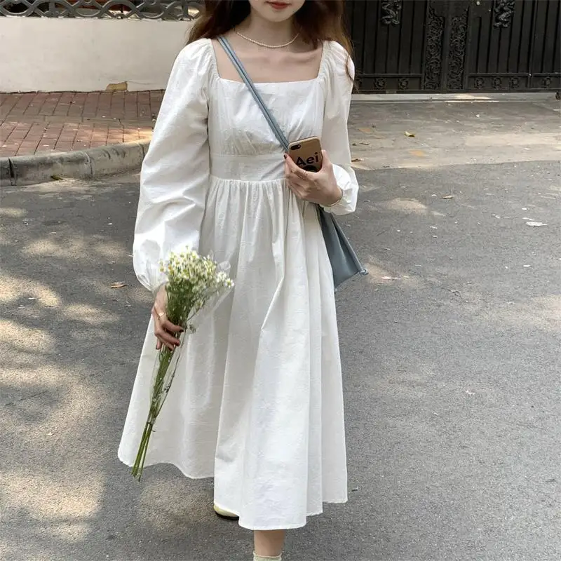 

HOUZHOU Elegant Dress Women White Square Collar Spring Autumn Long Sleeve Dresses French Style Casual Vintage Robe Streetwear