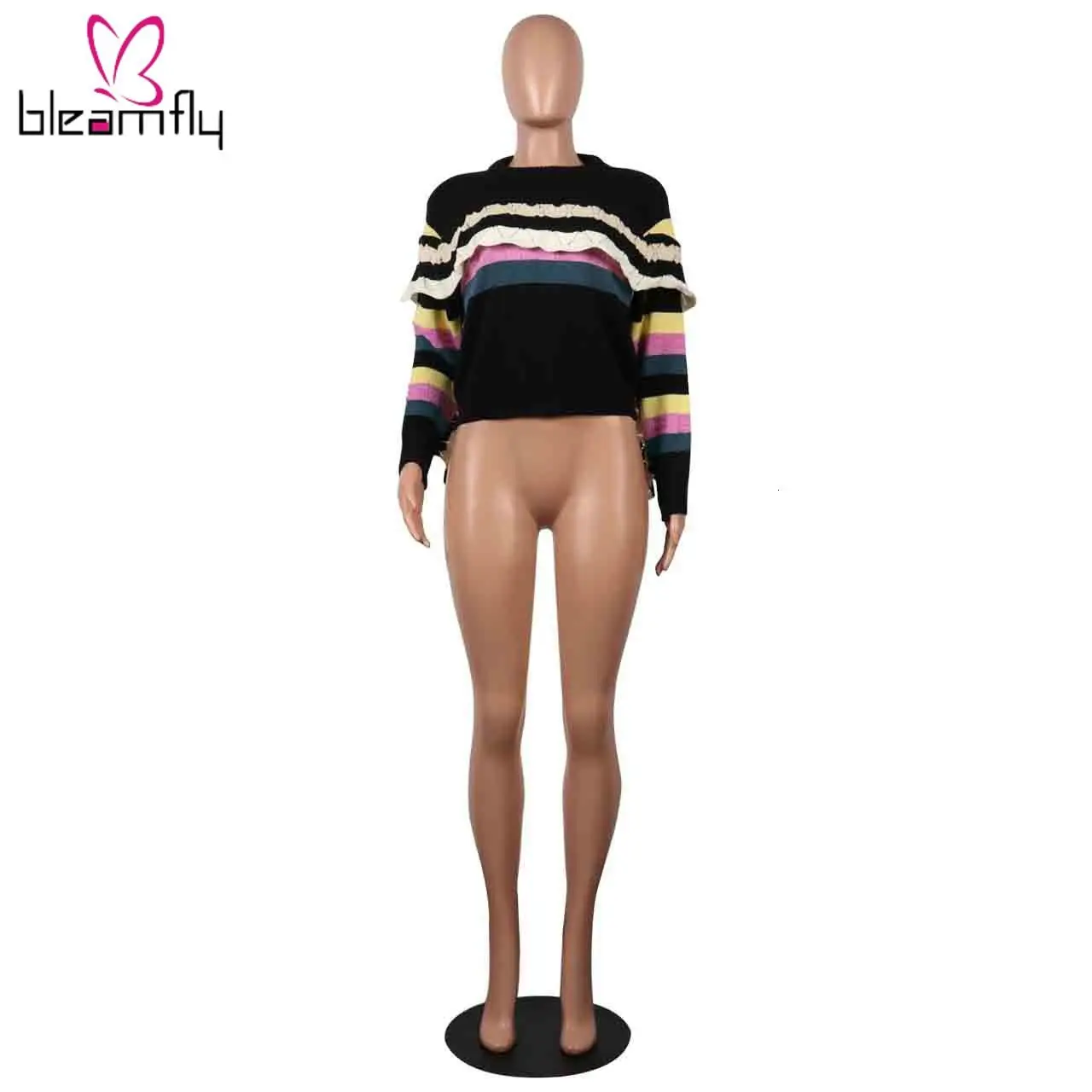 Новинка женский летний вязаный свитер с оборками длинным рукавом в радужную