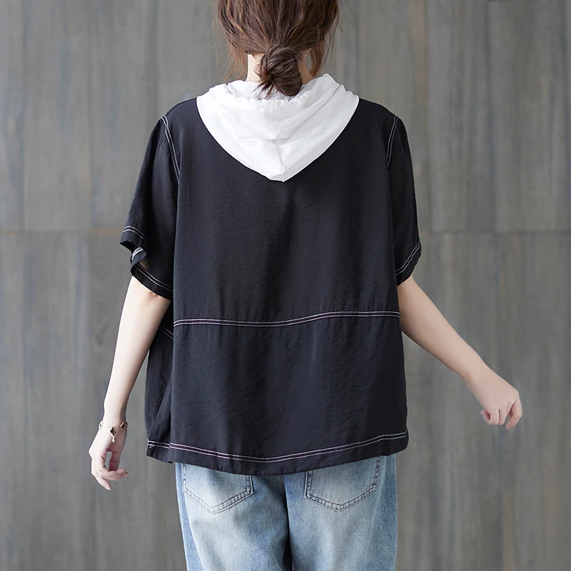 

BIG SIZE Summer Women Fashion Solid Color Spliced Tops Lady Female Plus Large Sleeve Sleeve Loose Cotton Hooded Sweatshirt