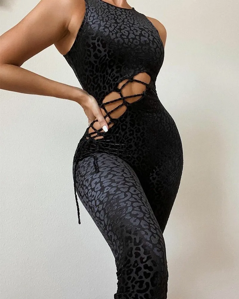 

Women Leopard Print Lace-up Skinny Jumpsuit 2021 Summer New Fashion Sexy Sleeveless Hollow Out Bodysuit Casual Skinny Jumpsuits
