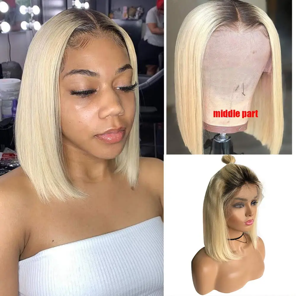 

Blonde Ombre Bob Wig Lace Front Bob Wigs Short Blond Wig With Dark Roots Human Hair Wigs Short T Part Lace Front Wigs
