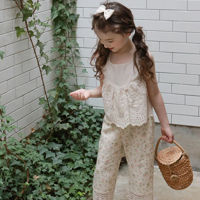 

Girls' Vest 2021 Summer New Girls Cotton Lace Sling Vest Hollow Out The Embroidery Kawaii Tops 24M To 8T
