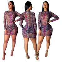 2022 spring new snake printed mesh bodycon mini dress sexy see through long sleeve fashion party club dress female