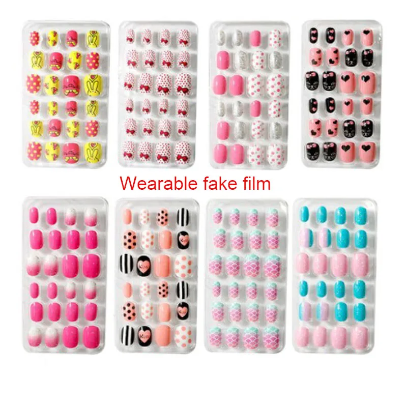 Children Candy False Nail Decoration Tips Cartoon Full Cover Kid Pink Fake  Art for Little Girls Manicure Tool 24Pcs/Set