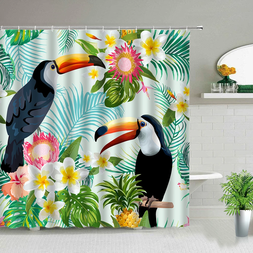 

Занавеска для душа Toucan, s водонепроницаемые тканевые занавески с зелеными листьями, цветами, птицами, тропическими растениями, декор для ван...