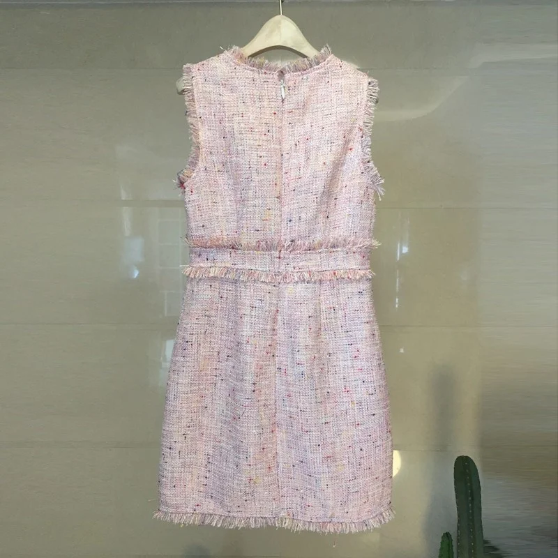 

New Spring Ladies Diamonds Bow Tassel Tweed Vests Dresses Sleeveless O-Neck Slim Fit Party Dresses Womens Short A-Line Dresses