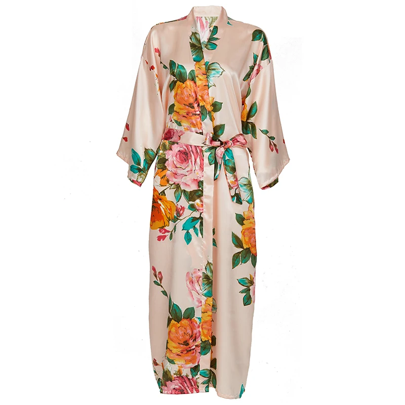 

satin Long Floral Robe Kimono robe Silk Satin Flower Bathrobe Night Dress Wedding Robes for women Bridesmaids Bride Sleepwear