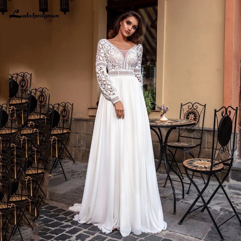 

Elegant A Line O Neck Wedding Dress Long Puffy Sleeve Sweep Train Bridal Gown Applique Chiffon Lace Vestido De Novia