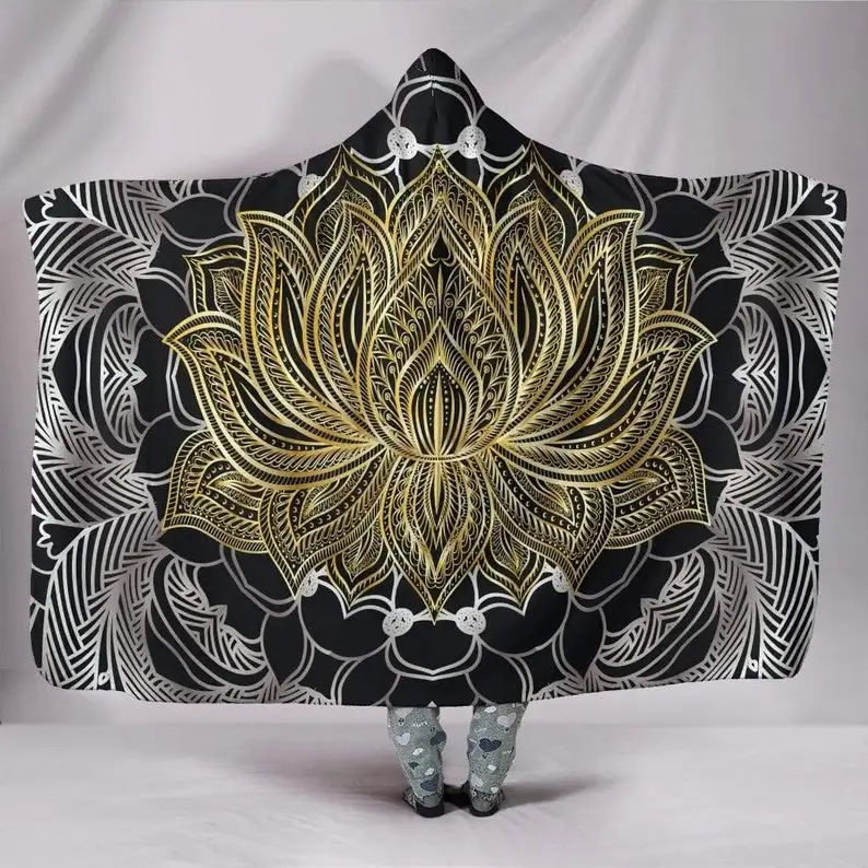 

Golden Lotus, Hooded Blanket, Spiritual, Vegan Blanket, Floral, With Hood, Meditation, Hippie, Custom Made Quilt,