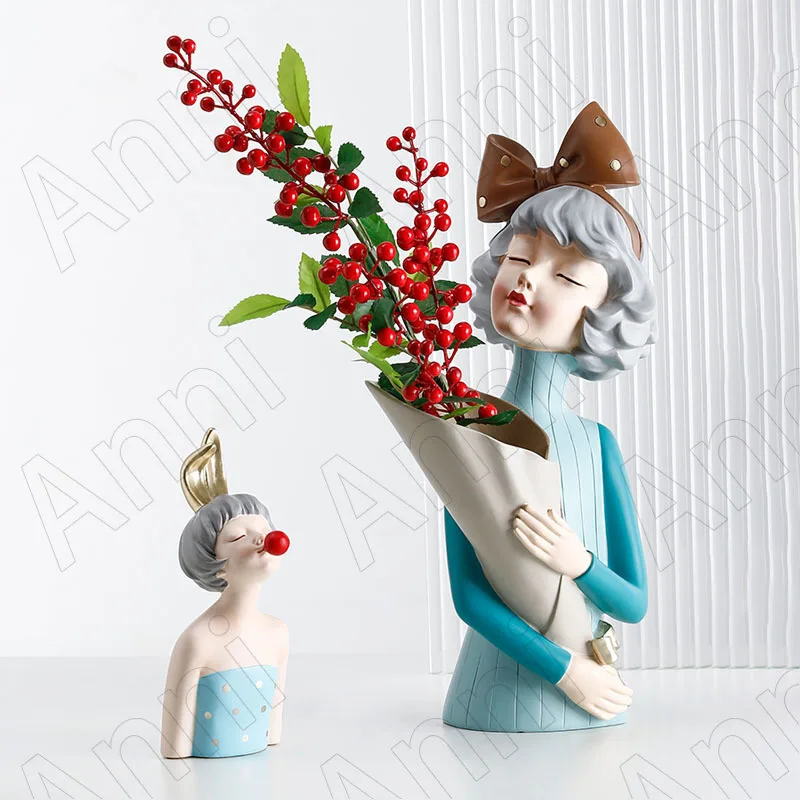 

Bouquet Girl Figurine Vase Nordic Modern Creativity Resin Flower Vases Ornaments Office Meeting Room Desktop Cartoon Sculpture