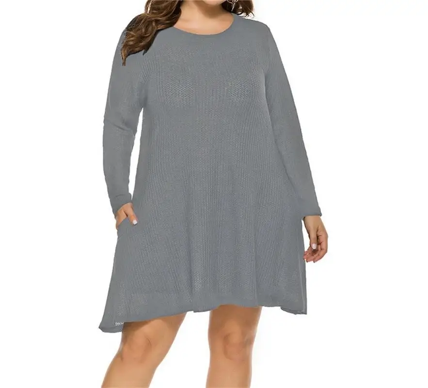 2021 Black Gray Blue Plus Size Women's Sweater Long Sleeved Summer Round Neck Loose And Comfortable Retro Knee Dress