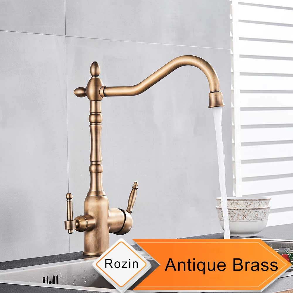 Antique Brass Золотой фильтр для воды, кухонный кран с двумя ручками, кухонный кран для питьевой воды, латунный поворотный носик 3 в 1, очиститель воды, кран для раковины - Цвет: Antique Brass