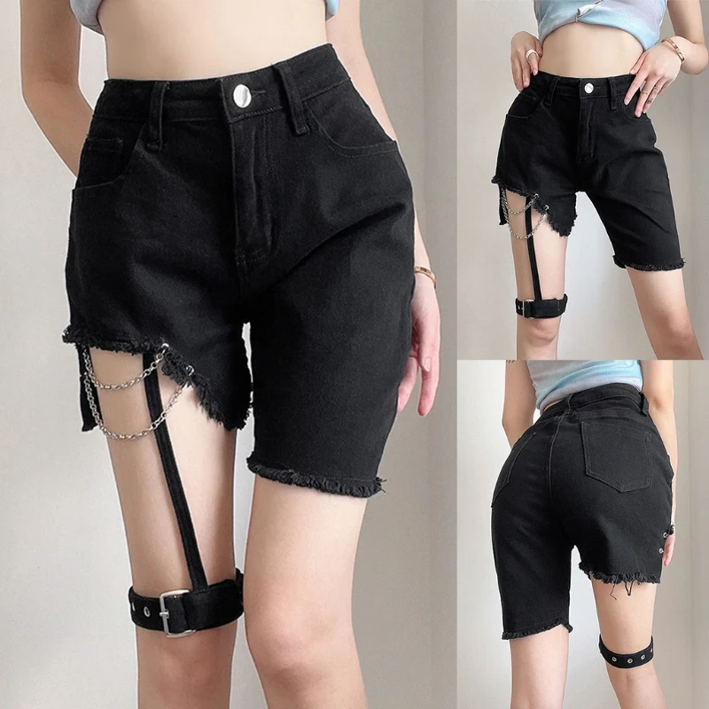

Women Goth Punk High Waist Denim Shorts Sexy Cutout Asymmetrical Jeans Harajuku Garter Chain Frayed Hem Short Pants