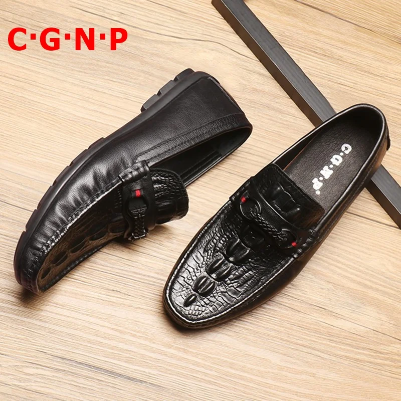 

C·G·N·P Luxury Fashion Black Soft Genuine Leather Summer Shoes Men Loafers Mocassin Homme Crocodile Pattern Casual Shoes