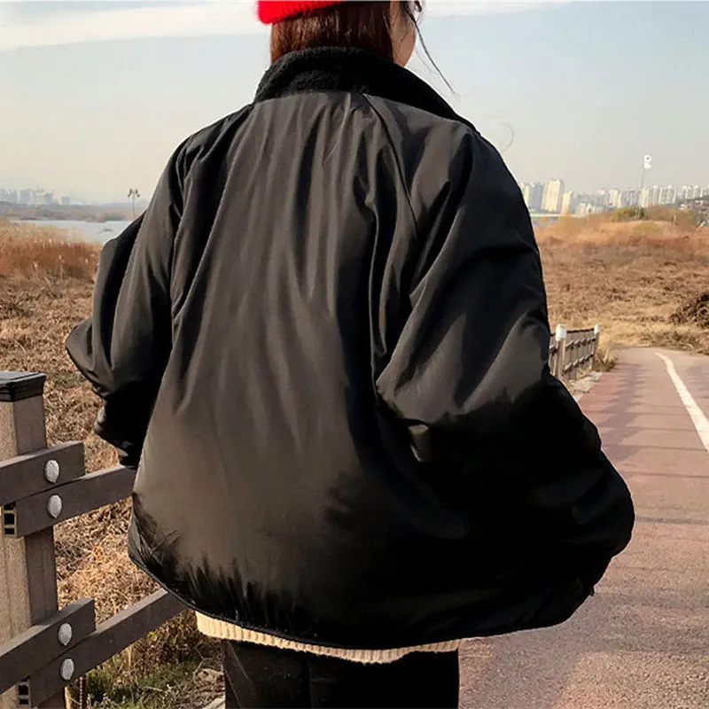 Women's Jacket Cropped Coat Winter Lamb Wool Casuals Fashion Oversize Clothing Warm Windproof Thicken Outwear Wear On Both Sides