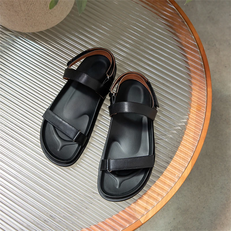 

Meotina Genuine Leather Sandals Women Shoes Round Toe Flat Platform Sandals Causal Summer Hook Ladies Footwear 2021 Beige 40