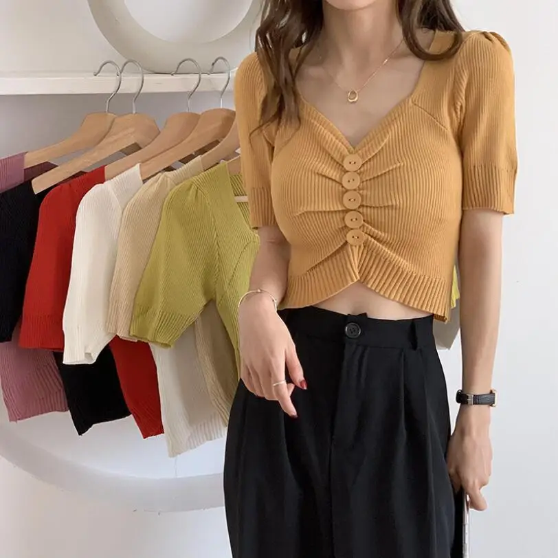 

Navel-bearing Sweater Women 2021 Summer New Short-sleeved V-neck Pleated Thin Bottoming Top Five-point Sleeves Shirts Woman