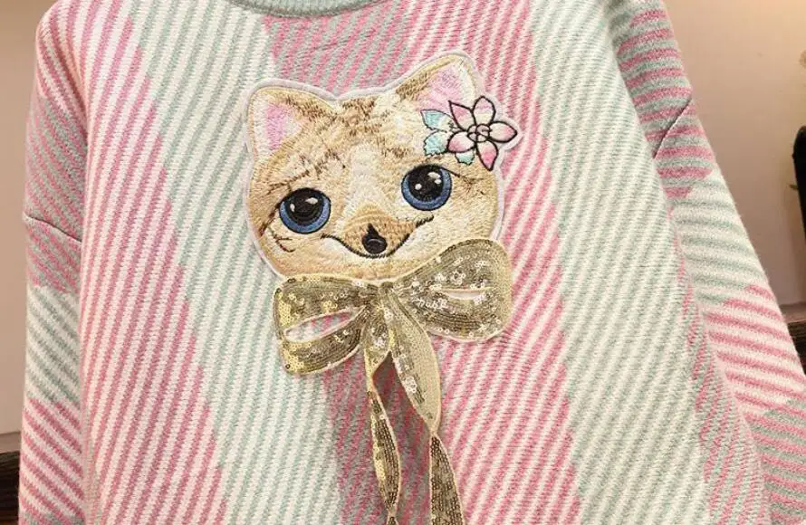 

Women Embroidery cat Sweaters 2020 Autumn Winter +Knitted skirt Soft Female Two-piece fashion casual warm Suit p2190