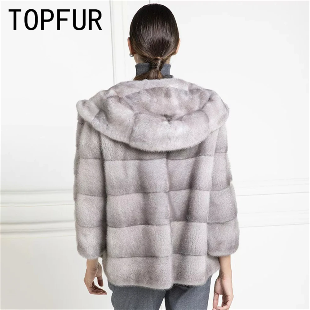 TOPFUR Genuine Leather Jacket With Fur Hooded Winter Coat Women Gray Jacket Women Plus Size Real Fur Women Mink Fur Coat