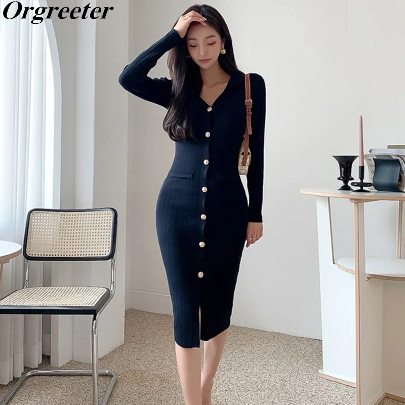 

Женское трикотажное платье-кардиган, однобортное Черное Трикотажное Платье-футляр с воротником-поло, платье-свитер в Корейском стиле на ос...