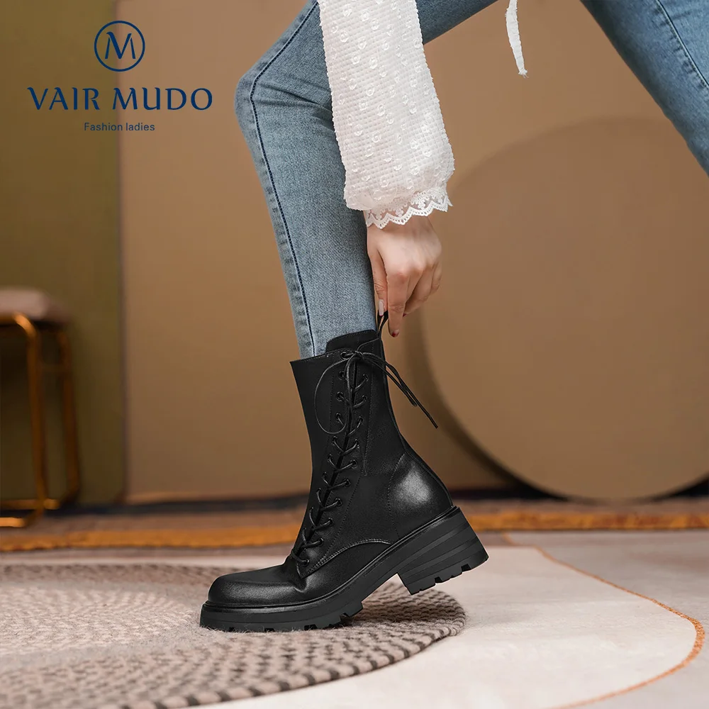 Online VAIR MUDO Sepatu Bot Wanita Pergelangan Kaki Tebal Ujung Bulat Berenda Hitam Putih Elegan Sepatu Bot Modis Wanita Musim Gugur Musim Dingin WM-X128-C