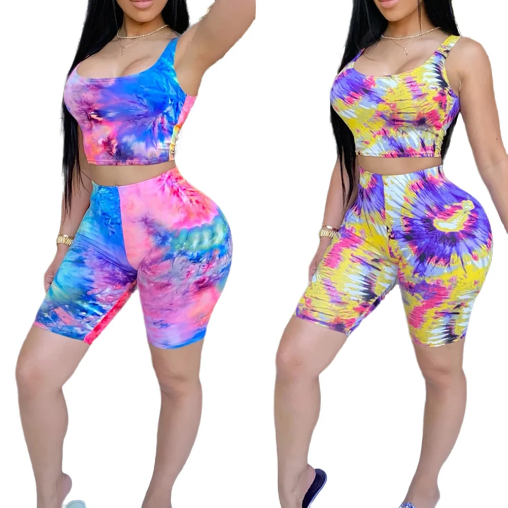 

AA Women Set Tie Dyeing Pattern Slim Sleeveless Crop Top High Waist Elastic Band Short Pants Set For Workout Outfits