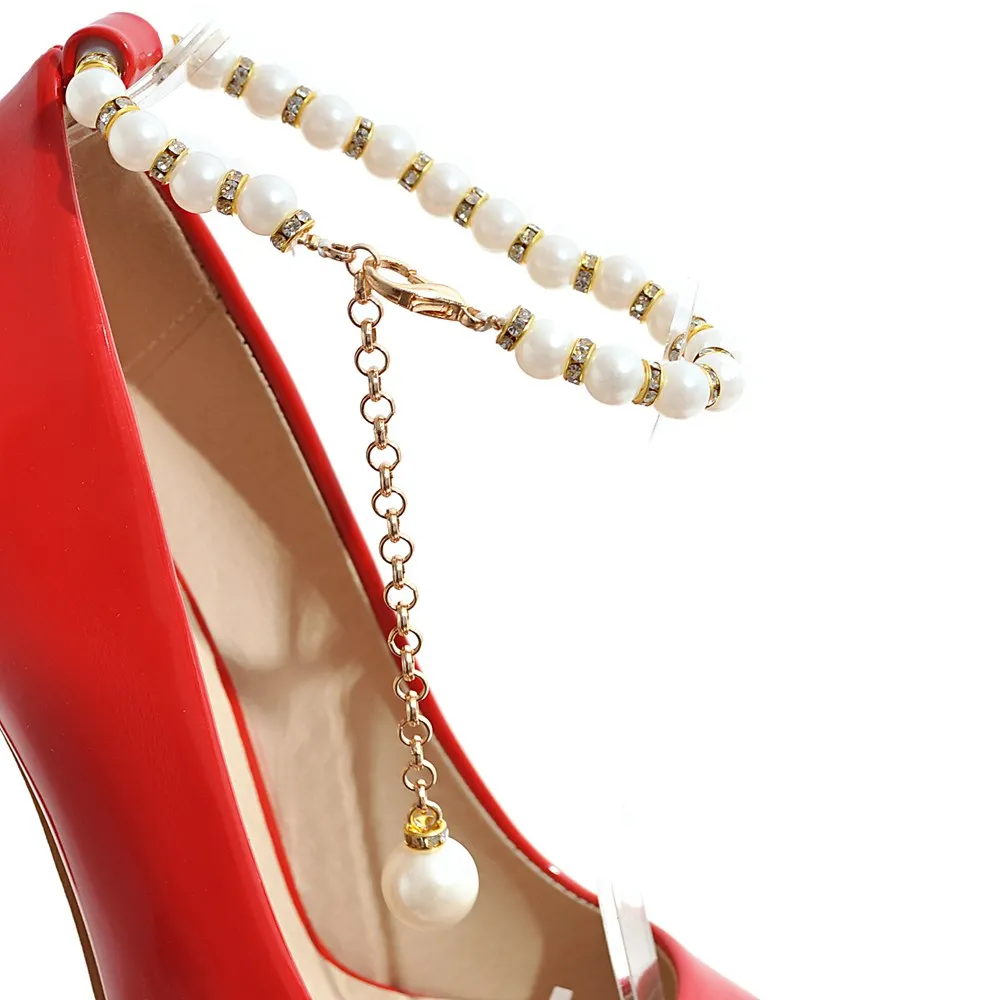 

Size 31-48 Woman Ankle Strap Pumps Shoes Women Pearls Rhinestone Chain Stiletto Heels Party Wedding Bridal Shoe Female Red White