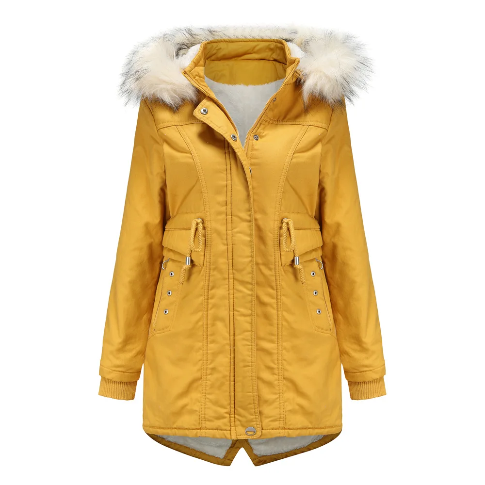 

Women's CottonPadded Jacket Winter Female Solid Fleece Mid-length Detachable Hood Fur Collar Coat Warmth Plus Fleece Outerwear